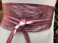 PINK OBI belt in natural soft leather. Waist belt,wide leather belt, metallic, wrap belt, boho sash, boho wraparound pink belt