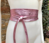 PINK OBI belt in natural soft leather. Waist belt,wide leather belt, metallic, wrap belt, boho sash, boho wraparound pink belt