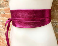 PINK OBI belt in natural soft leather. Waist belt,wide magenta leather belt, metallic, wrap belt, fuchsia - hot pink boho wraparound belt