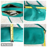 Small leather bag in green. GENUINE leather crossbody / shoulder bag. Small green leather purse. Adjustable strap + zippers. Gold accents.