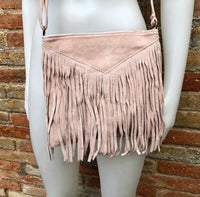 Light pink cross body fringed bag. BOHO suede bag with FRINGES. Genuine suede leather messenger bag. Crossbody hippy bag. Pink suede purse