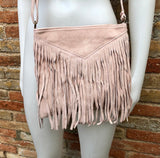 Light pink cross body fringed bag. BOHO suede bag with FRINGES. Genuine suede leather messenger bag. Crossbody hippy bag. Pink suede purse