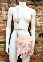 Light pink cross body fringed bag. BOHO suede bag with FRINGES. Genuine suede leather messenger bag. Crossbody hippy bag. Pink suede purse