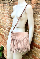 Light pink cross body fringed bag. BOHO suede bag with FRINGES. Genuine suede leather messenger bag. Crossbody hippy bag. Pink suede purse