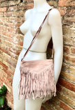 Light pink cross body fringed bag. BOHO suede bag with FRINGES. Genuine suede leather messenger bag. Crossbody hippy bag. Pink suede purse