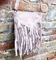 Light pink cross body fringed bag. BOHO suede bag with FRINGES. Genuine suede leather messenger bag. Crossbody hippy bag. Pink suede purse