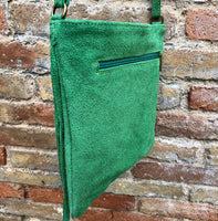Cross body fringe bag. BOHO suede leather bag in GREEN with FRINGES. Messenger bag in soft genuine suede leather. Crossbody green hippy bag