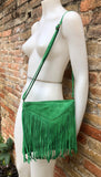 Cross body fringe bag. BOHO suede leather bag in GREEN with FRINGES. Messenger bag in soft genuine suede leather. Crossbody green hippy bag