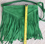 Cross body fringe bag. BOHO suede leather bag in GREEN with FRINGES. Messenger bag in soft genuine suede leather. Crossbody green hippy bag