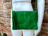 Suede leather bag in GREEN.Cross body bag, boho shoulder bag in GENUINE leather. Small leather bag,green shoulder bag, small green purse