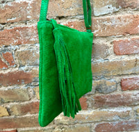 Suede leather bag in GREEN.Cross body bag, boho shoulder bag in GENUINE leather. Small leather bag,green shoulder bag, small green purse