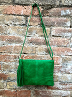 Suede leather bag in GREEN.Cross body bag, boho shoulder bag in GENUINE leather. Small leather bag,green shoulder bag, small green purse