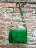 Suede leather bag in GREEN.Cross body bag, boho shoulder bag in GENUINE leather. Small leather bag,green shoulder bag, small green purse