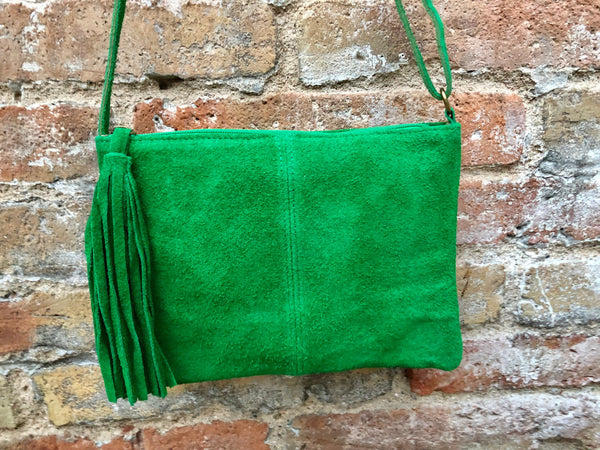 Suede leather bag in GREEN.Cross body bag, boho shoulder bag in GENUINE leather. Small leather bag,green shoulder bag, small green purse