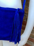 Small suede leather bag in BLUE. Boho crossbody or shoulder bag in GENUINE leather. Cross over bag with zipper. tassel and adjustable strap