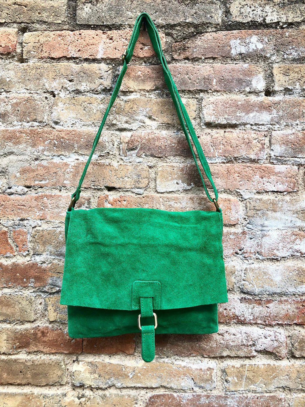 GREEN suede leather bag. Soft natural suede, genuine leather bag. Green messenger with zipper, flap and adjustable strap.