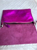 Metallic shine hot pink genuine leather bag + obi belt. Small shoulder / crossbody bag + belt set. Pink party purse + wraparound belt