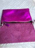 Metallic shine hot pink genuine leather bag + obi belt. Small shoulder / crossbody bag + belt set. Pink party purse + wraparound belt