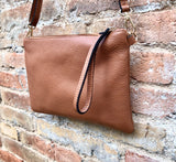 Small leather bag in BROWN .Cross body bag, shoulder bag or wristlet in GENUINE leather. Dark camel bag with adjustable strap. Brown purse.