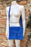 Messenger bag in genuine suede leather. Bright BLUE cross body bag. Boho suede bag with zipper and flap. Tablet or book bag in BLUE