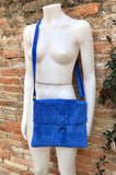 Messenger bag in genuine suede leather. Bright BLUE cross body bag. Boho suede bag with zipper and flap. Tablet or book bag in BLUE