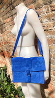 Messenger bag in genuine suede leather. Bright BLUE cross body bag. Boho suede bag with zipper and flap. Tablet or book bag in BLUE