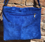 Messenger bag in genuine suede leather. Bright BLUE cross body bag. Boho suede bag with zipper and flap. Tablet or book bag in BLUE