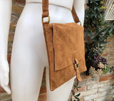 Cross body suede bag.Genuine leather bag in camel brown. BOHO Soft natural leather bag. BROWN messenger bag for books, tablets...