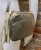 Small leather bag in gold. Cross body bag, shoulder bag in GENUINE leather. Metallic shine leather bag with adjustable strap and zipper