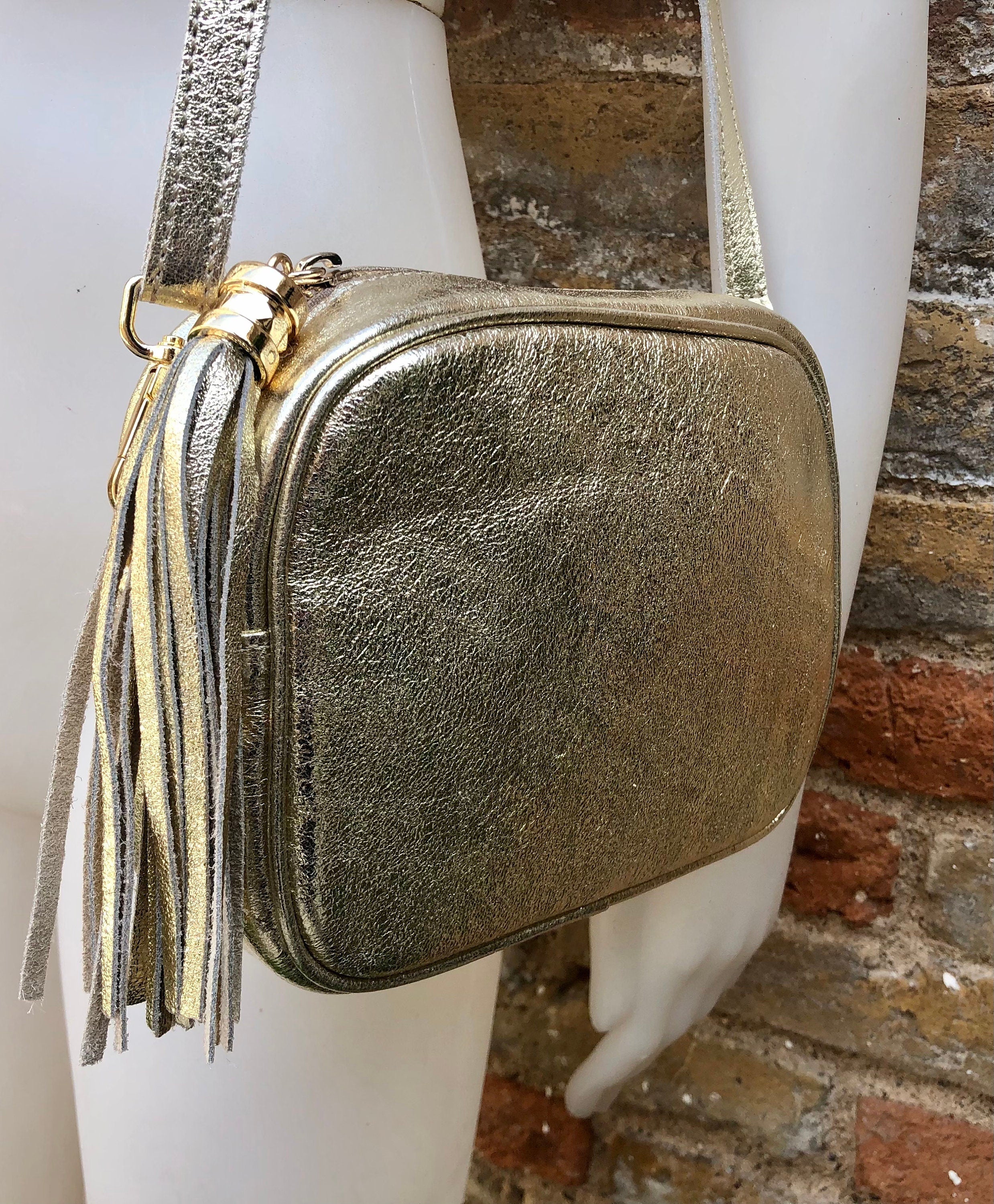 Small golden leather bag. GENUINE leather cross body / shoulder bag. Metallic shine leather bag with adjustable strap and zipper. Gold purse