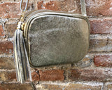 Small golden leather bag. GENUINE leather cross body / shoulder bag. Metallic shine leather bag with adjustable strap and zipper. Gold purse