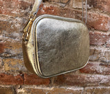 Small golden leather bag. GENUINE leather cross body / shoulder bag. Metallic shine leather bag with adjustable strap and zipper. Gold purse