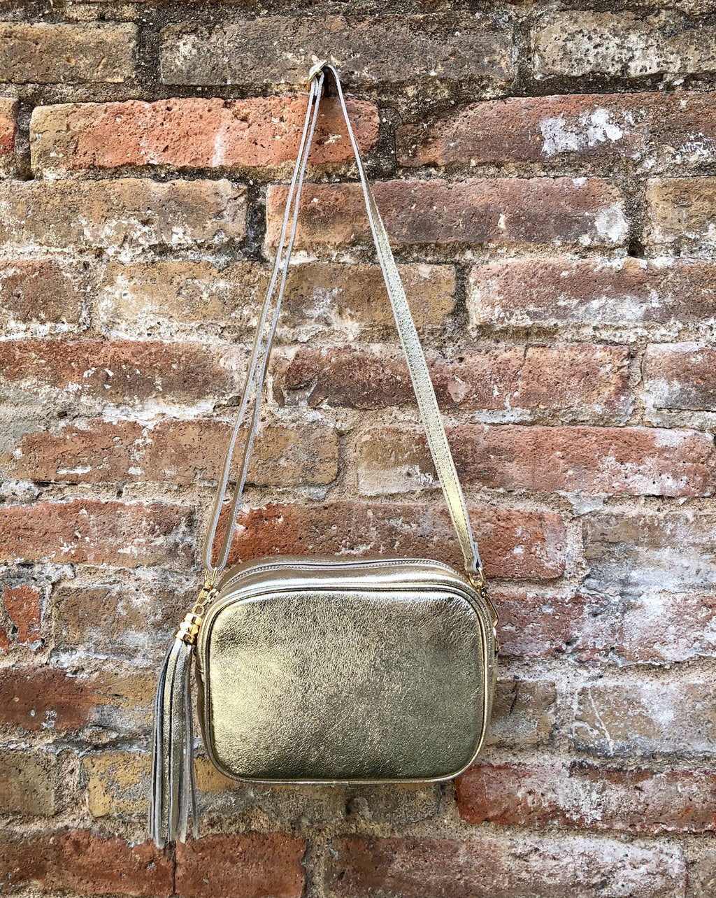 Small golden leather bag. GENUINE leather cross body / shoulder bag. Metallic shine leather bag with adjustable strap and zipper. Gold purse
