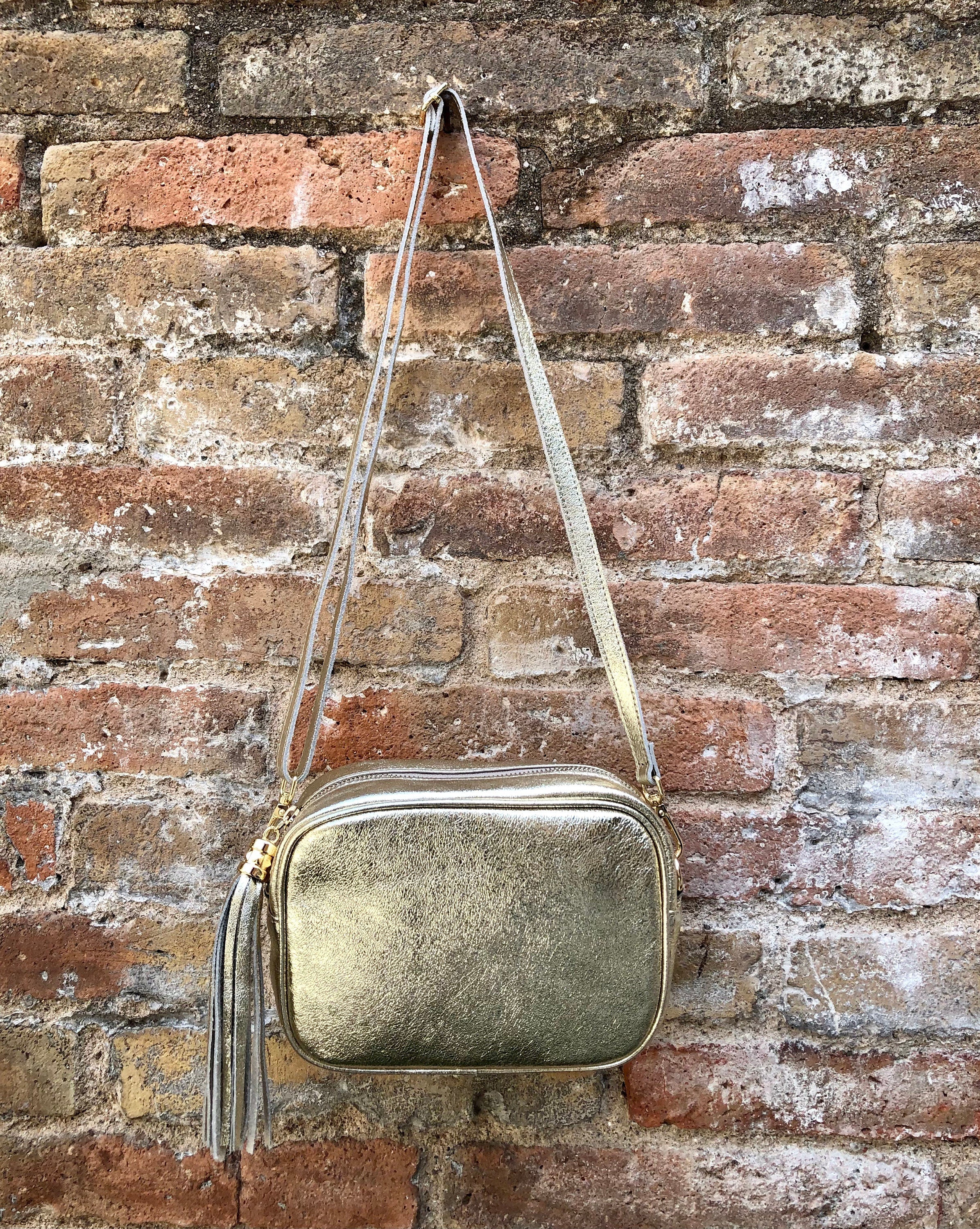 Small golden leather bag. GENUINE leather cross body / shoulder bag. Metallic shine leather bag with adjustable strap and zipper. Gold purse