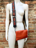 Orange small leather bag. 2 straps: 1 leather + 1 guitar strap. GENUINE leather Crossbody / shoulder bag. Orange purse with flap and zipper