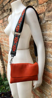 Orange small leather bag. 2 straps: 1 leather + 1 guitar strap. GENUINE leather Crossbody / shoulder bag. Orange purse with flap and zipper