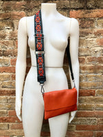 Orange small leather bag. 2 straps: 1 leather + 1 guitar strap. GENUINE leather Crossbody / shoulder bag. Orange purse with flap and zipper