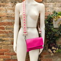 Small PINK leather bag.Fuchsia GENUINE leather crossbody or shoulder bag. Hot pink purse + 2 adjustable straps: 1 guitar strap + 1 leather