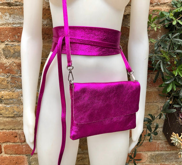 Metallic shine hot pink genuine leather bag + obi belt. Small shoulder / crossbody bag + belt set. Pink party purse + wraparound belt