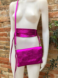 Metallic shine hot pink genuine leather bag + obi belt. Small shoulder / crossbody bag + belt set. Pink party purse + wraparound belt