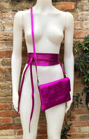 Metallic shine hot pink genuine leather bag + obi belt. Small shoulder / crossbody bag + belt set. Pink party purse + wraparound belt