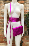 Metallic shine hot pink genuine leather bag + obi belt. Small shoulder / crossbody bag + belt set. Pink party purse + wraparound belt