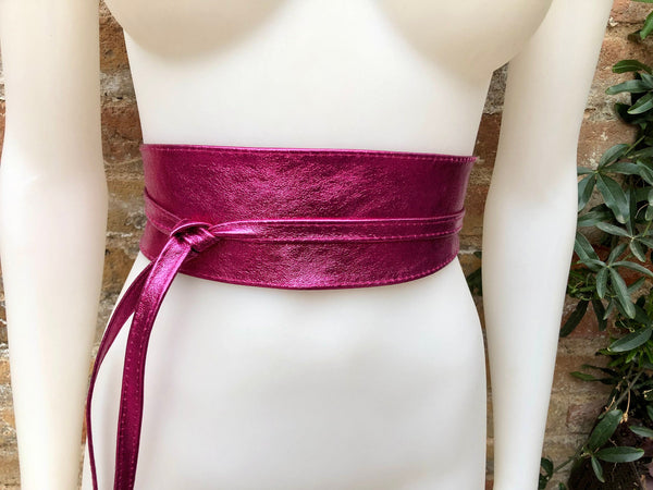 PINK OBI belt in natural soft leather. Waist belt,wide magenta leather belt, metallic, wrap belt, fuchsia - hot pink boho wraparound belt