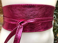 PINK OBI belt in natural soft leather. Waist belt,wide magenta leather belt, metallic, wrap belt, fuchsia - hot pink boho wraparound belt