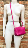 Small leather bag in fuchsia pink. Cross body bag, shoulder bag in GENUINE leather. Hot pink purse. Adjustable strap + zippers. Gold accents