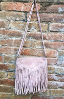 Light pink cross body fringed bag. BOHO suede bag with FRINGES. Genuine suede leather messenger bag. Crossbody hippy bag. Pink suede purse