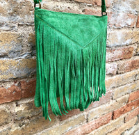 Cross body fringe bag. BOHO suede leather bag in GREEN with FRINGES. Messenger bag in soft genuine suede leather. Crossbody green hippy bag