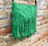 Cross body fringe bag. BOHO suede leather bag in GREEN with FRINGES. Messenger bag in soft genuine suede leather. Crossbody green hippy bag