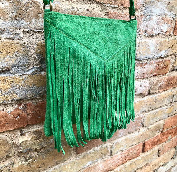 Cross body fringe bag. BOHO suede leather bag in GREEN with FRINGES. Messenger bag in soft genuine suede leather. Crossbody green hippy bag