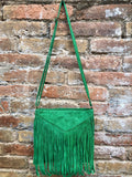 Cross body fringe bag. BOHO suede leather bag in GREEN with FRINGES. Messenger bag in soft genuine suede leather. Crossbody green hippy bag